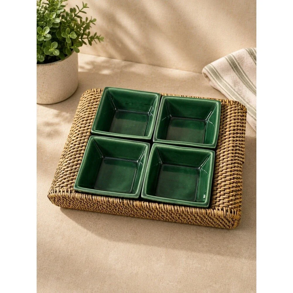 Vintage Green Ceramic 4-Section Relish Tray Set with Woven Rattan Serving Mat |